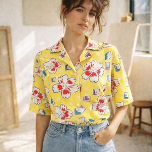 Vintage 90s Erape Blouse Womens M Yellow Floral Button Shirt Retro Top